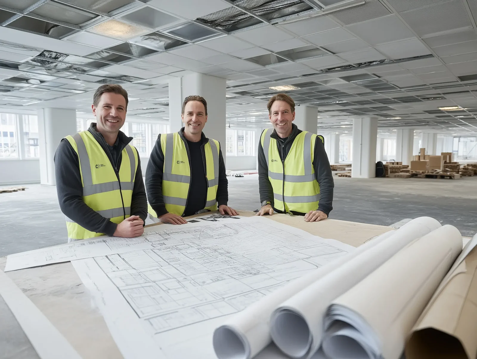 Engineers looking over a plan of a building